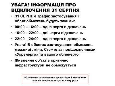 У компанії Укренерго оголосили про розклад вимкнень електроенергії на суботу
